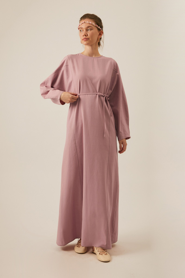 Contrast-Stitched Linen Dress Navy Blue - 8