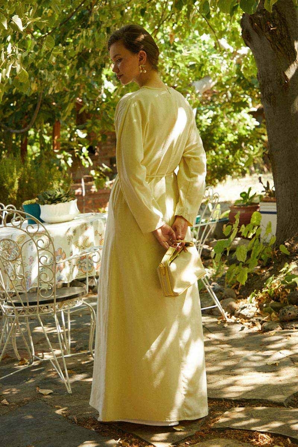 Kontrast Dikişli Keten Elbise Tereyağı Sarısı - 5