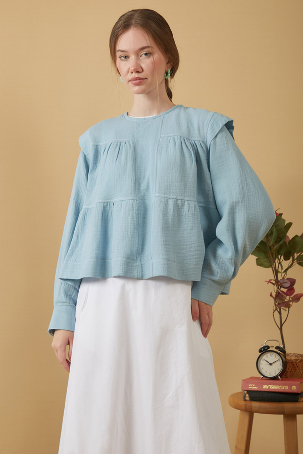 Kontrast Dikişli Müslin Bluz Bebe Mavisi - 2