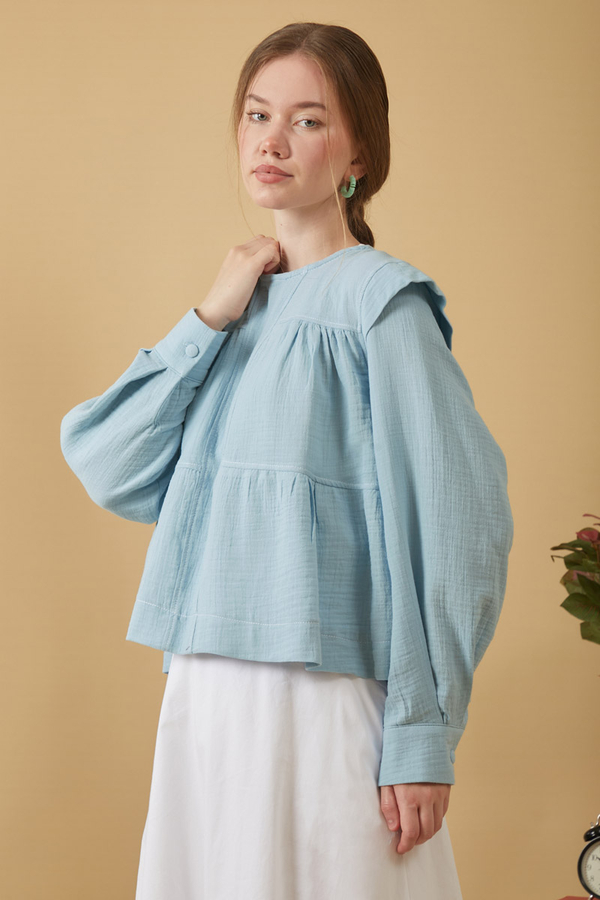 Kontrast Dikişli Müslin Bluz Bebe Mavisi - 11