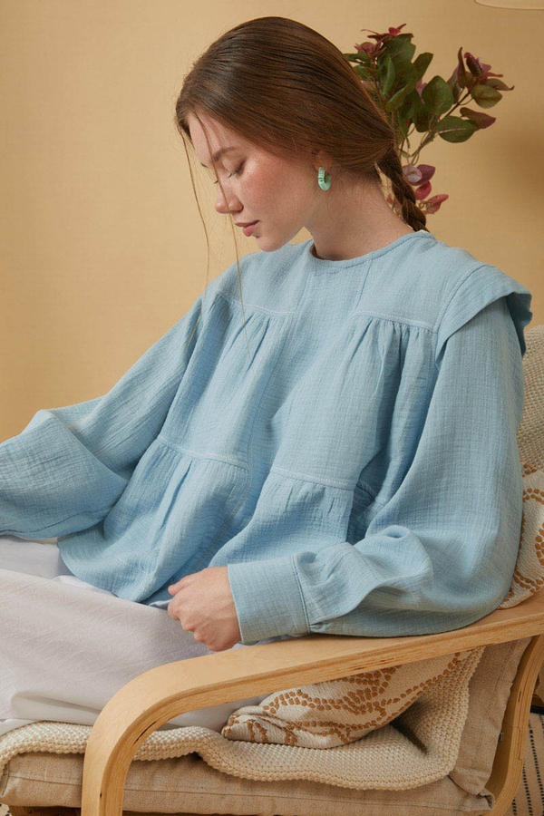 Kontrast Dikişli Müslin Bluz Bebe Mavisi - 7