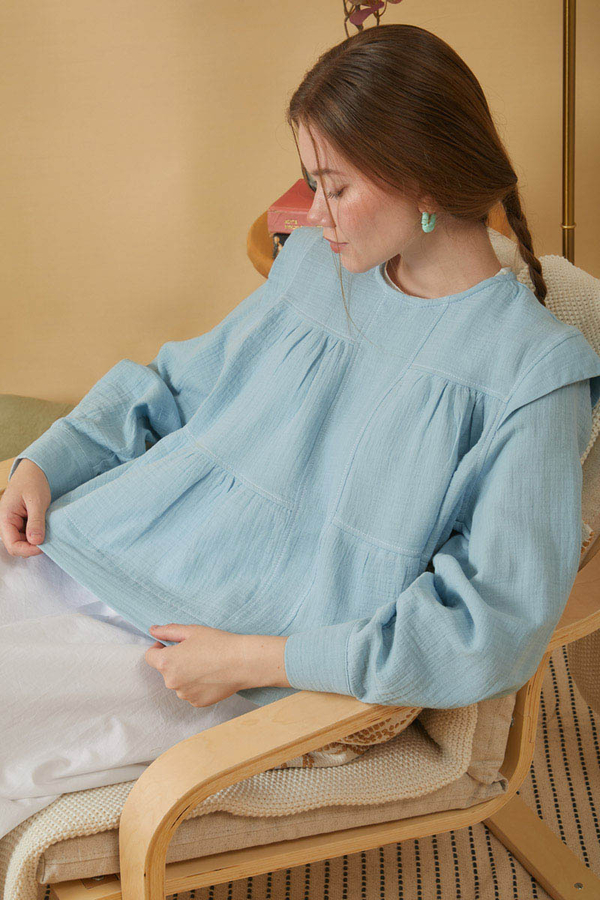 Kontrast Dikişli Müslin Bluz Bebe Mavisi - 3
