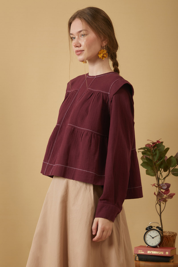 Kontrast Dikişli Müslin Bluz Bordo - 2