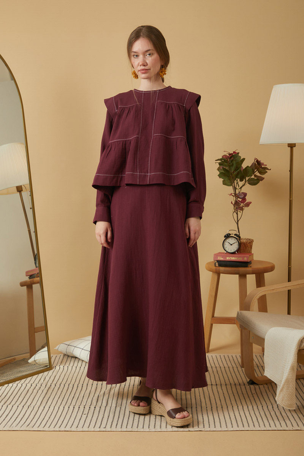 Kontrast Dikişli Müslin Bluz Bordo - 8