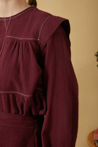 Kontrast Dikişli Müslin Bluz Bordo - 12