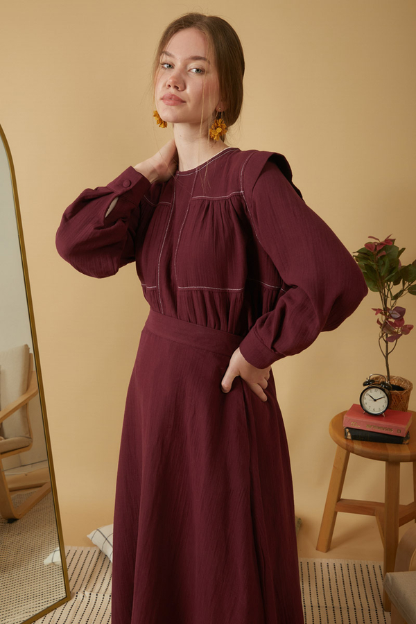 Kontrast Dikişli Müslin Bluz Bordo - 14