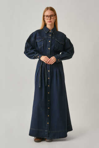 Korse Bel Denim Elbise Koyu Mavi - 1