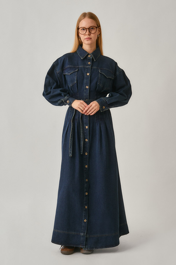 Korse Bel Denim Elbise Koyu Mavi - 1