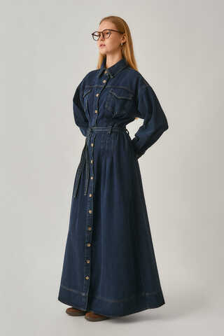 Korse Bel Denim Elbise Koyu Mavi - 4