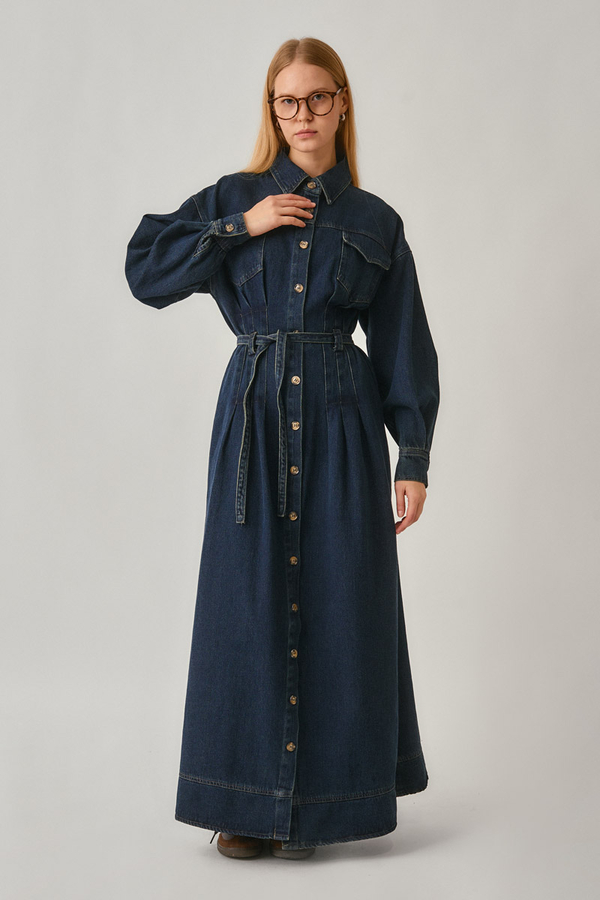 Korse Bel Denim Elbise Koyu Mavi - 6