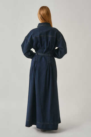 Korse Bel Denim Elbise Koyu Mavi - 10