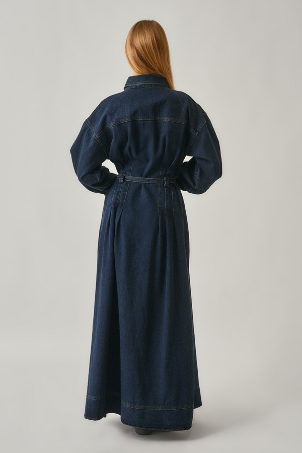 Korse Bel Denim Elbise Koyu Mavi - 10