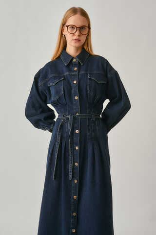 Korse Bel Denim Elbise Koyu Mavi - 5