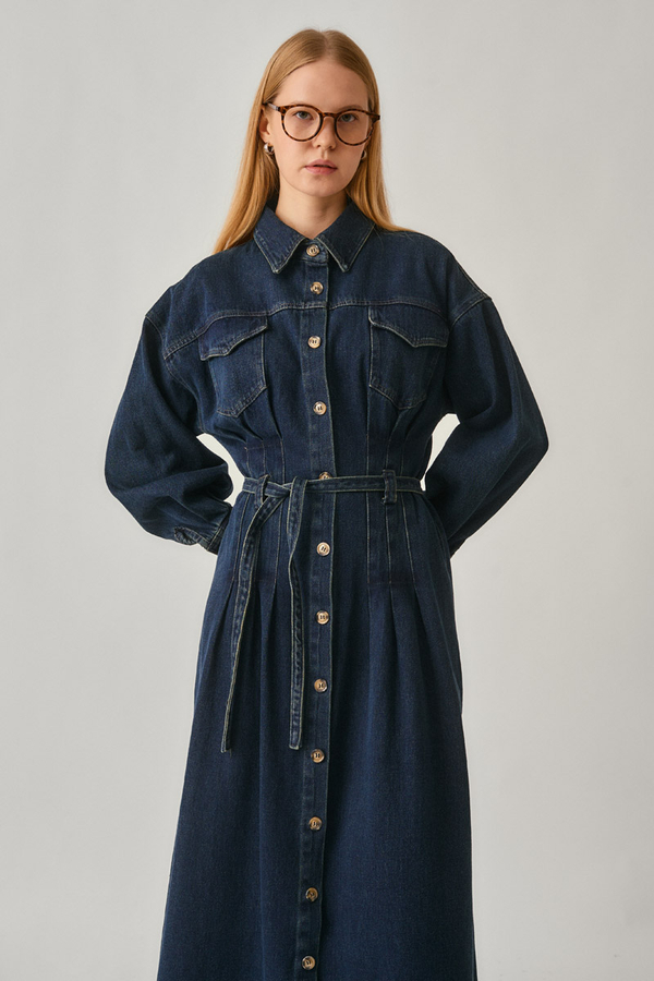 Korse Bel Denim Elbise Koyu Mavi - 5