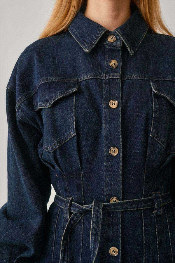 Korse Bel Denim Elbise Koyu Mavi - 8