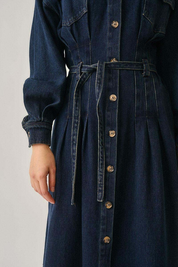 Korse Bel Denim Elbise Koyu Mavi - 9