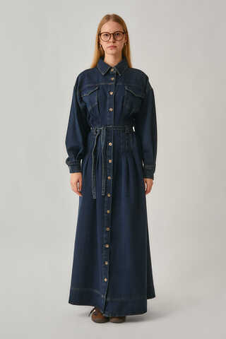 Korse Bel Denim Elbise Koyu Mavi - 2