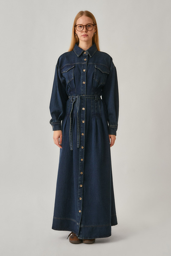 Korse Bel Denim Elbise Koyu Mavi - 2