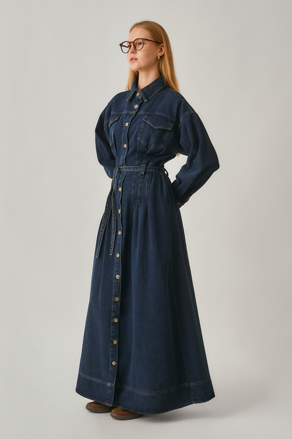 Korse Bel Denim Elbise Koyu Mavi - 4