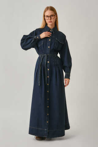 Korse Bel Denim Elbise Koyu Mavi - 6