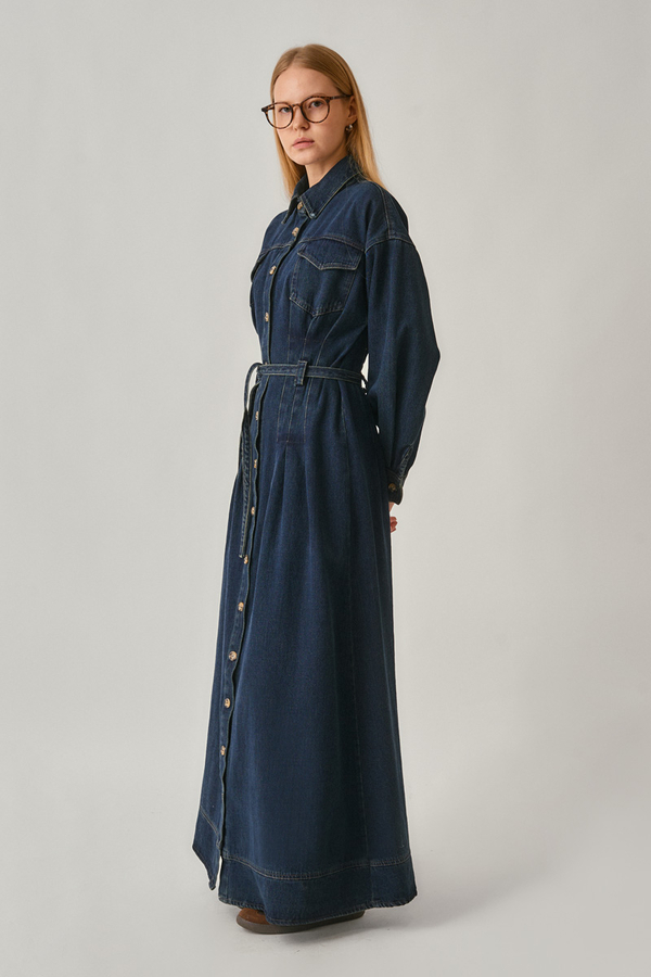 Korse Bel Denim Elbise Koyu Mavi - 7