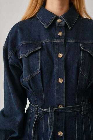 Korse Bel Denim Elbise Koyu Mavi - 8