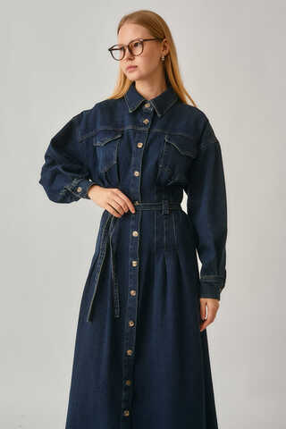 Korse Bel Denim Elbise Koyu Mavi - 3