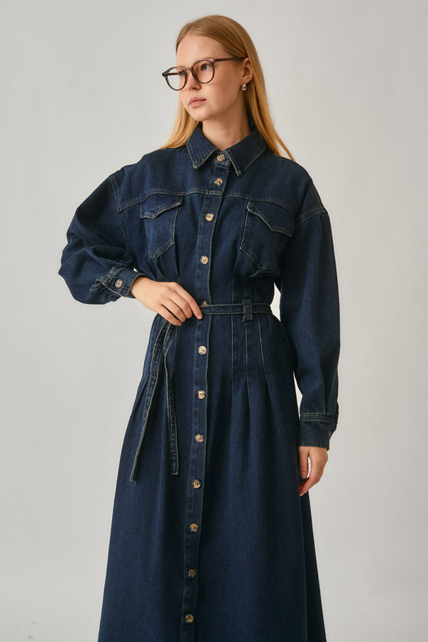 Korse Bel Denim Elbise Koyu Mavi - 3