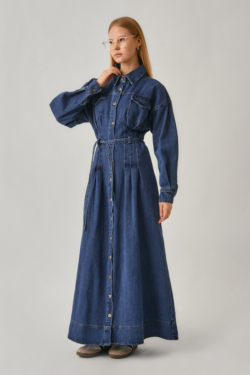 Korse Bel Denim Elbise Mavi