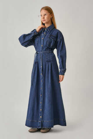 Korse Bel Denim Elbise Mavi - 1
