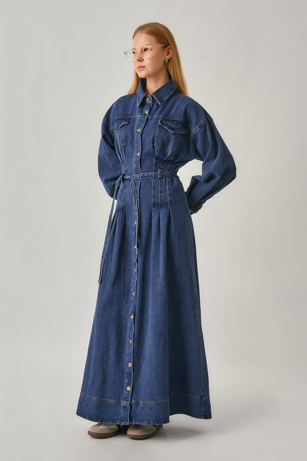 Korse Bel Denim Elbise Mavi - 5