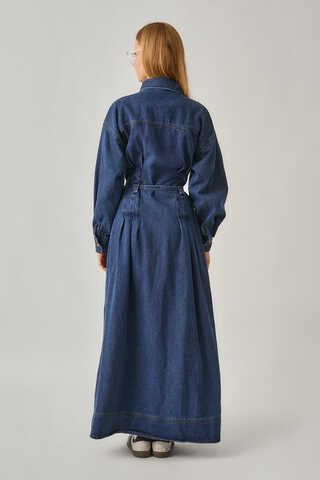 Korse Bel Denim Elbise Mavi - 10
