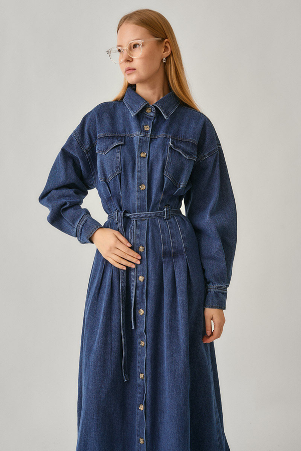 Korse Bel Denim Elbise Mavi - 2