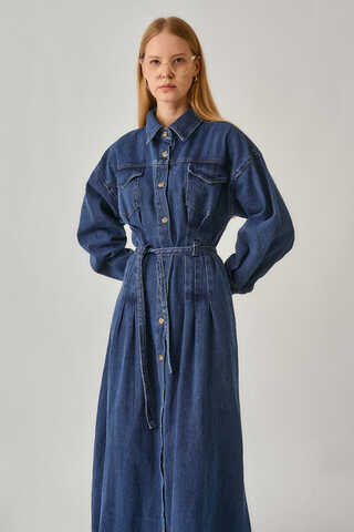 Korse Bel Denim Elbise Mavi - 3