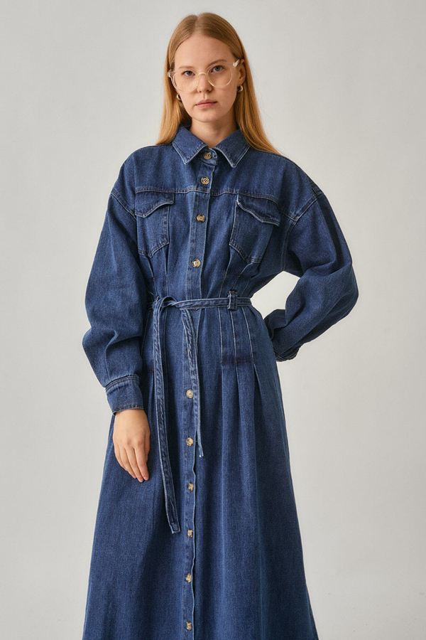 Korse Bel Denim Elbise Mavi - 6