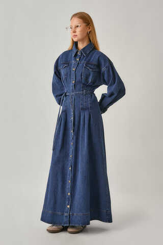 Korse Bel Denim Elbise Mavi - 5