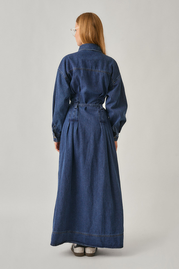 Korse Bel Denim Elbise Mavi - 10