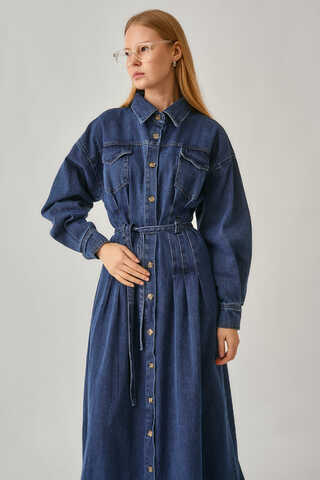 Korse Bel Denim Elbise Mavi - 2