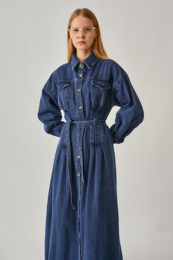 Korse Bel Denim Elbise Mavi - 3