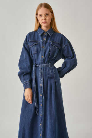Korse Bel Denim Elbise Mavi - 6