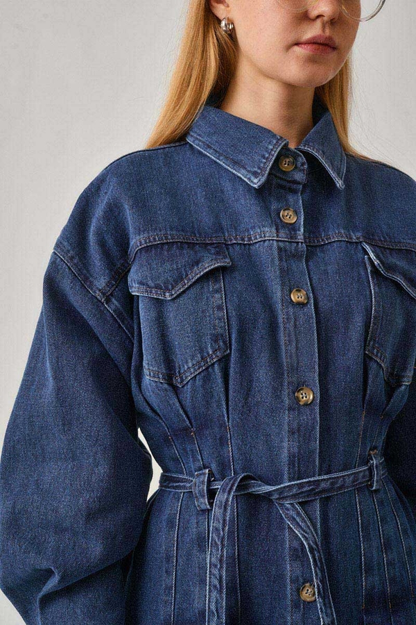 Korse Bel Denim Elbise Mavi - 8