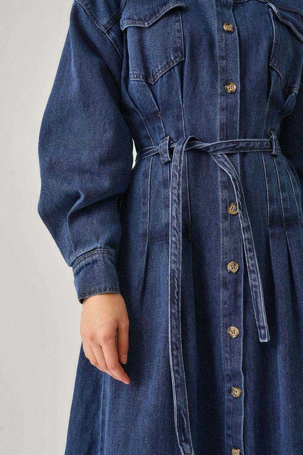 Korse Bel Denim Elbise Mavi - 9