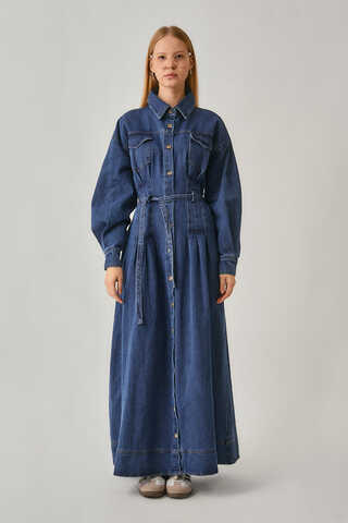 Korse Bel Denim Elbise Mavi - 4