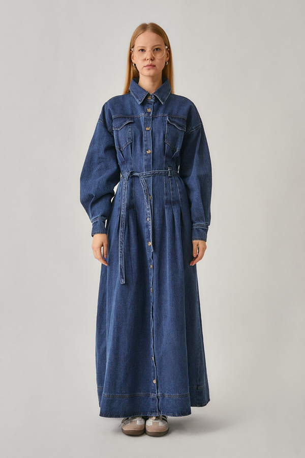 Korse Bel Denim Elbise Mavi - 4