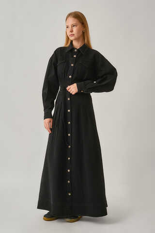 Korse Bel Denim Elbise Siyah - 5