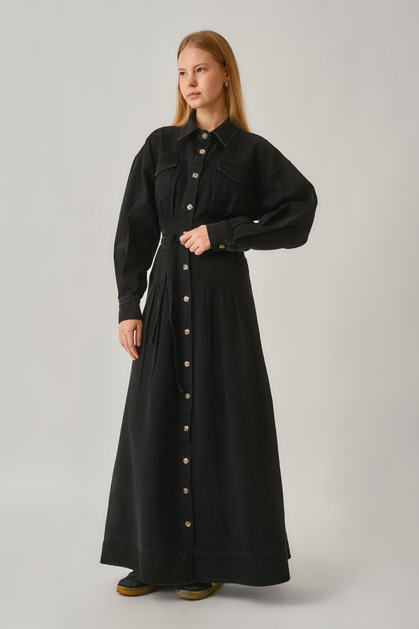 Korse Bel Denim Elbise Siyah - 5