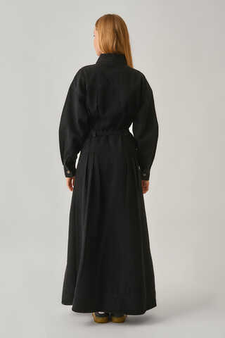 Korse Bel Denim Elbise Siyah - 8