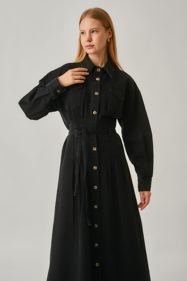 Korse Bel Denim Elbise Siyah - 7