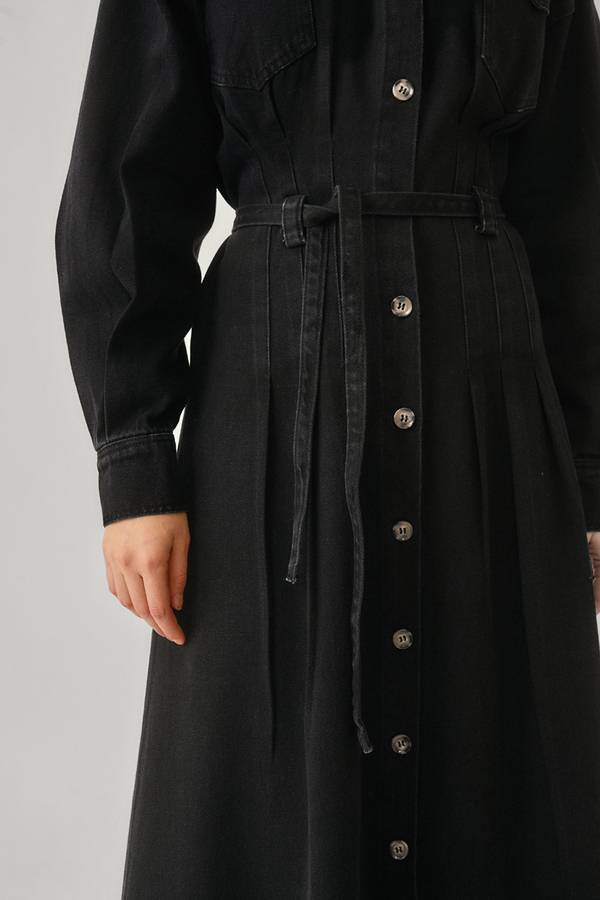 Korse Bel Denim Elbise Siyah - 2