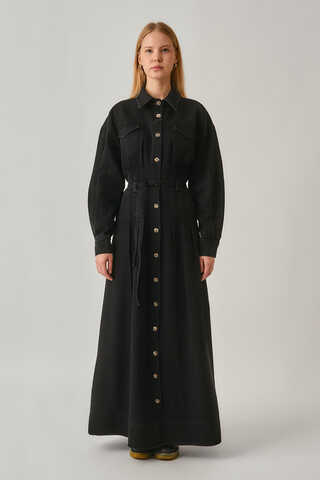 Korse Bel Denim Elbise Siyah - 1